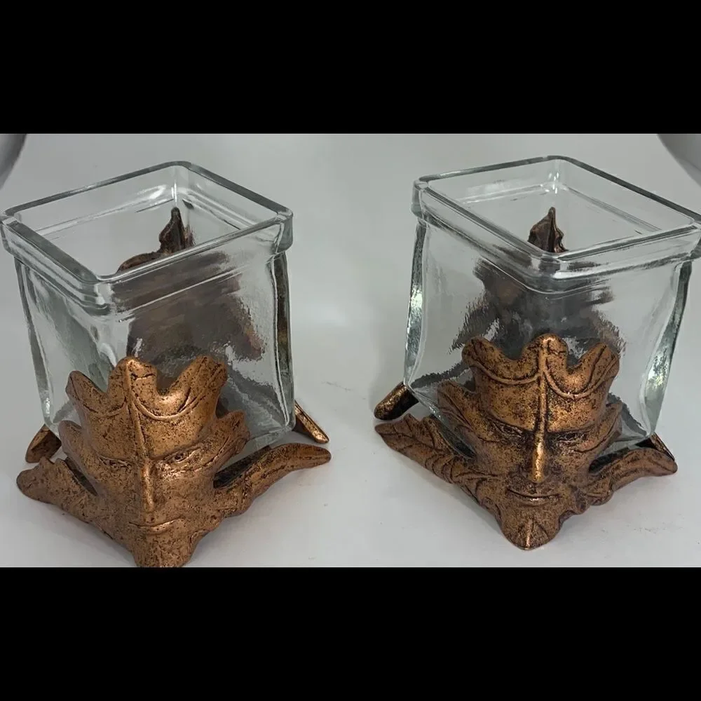 Copper Leaf Clear Heavy Canadian Glass Face Votive Candle Holder Set 2 Used